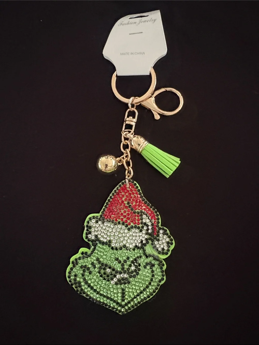 Green and Red Crystal Grinch Puffy Keychain Bag Charm with Gold Hardware